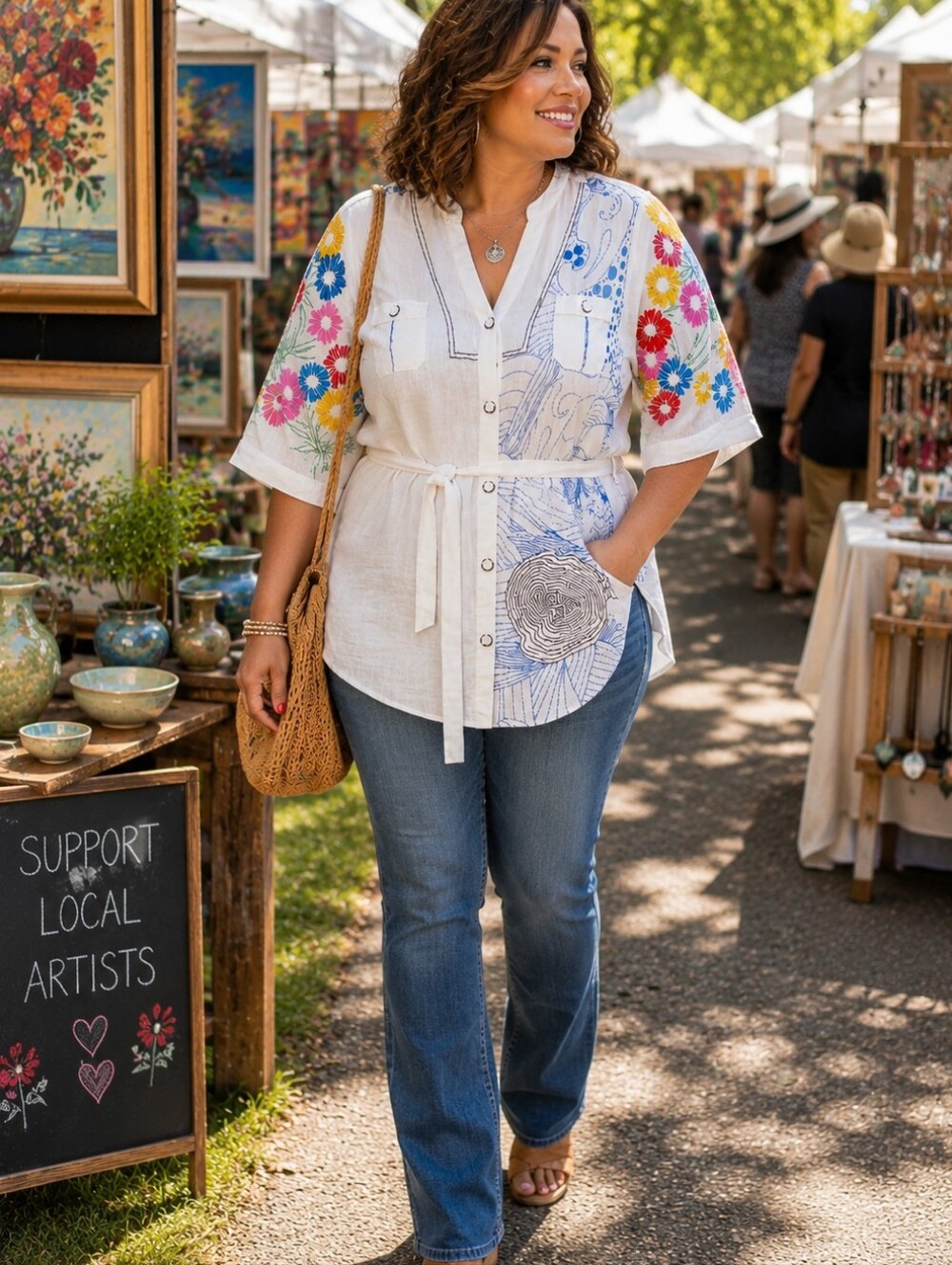 Lane Bryant Embellished Floral Graphic Linen Button Down Shirt OOAK 22/24